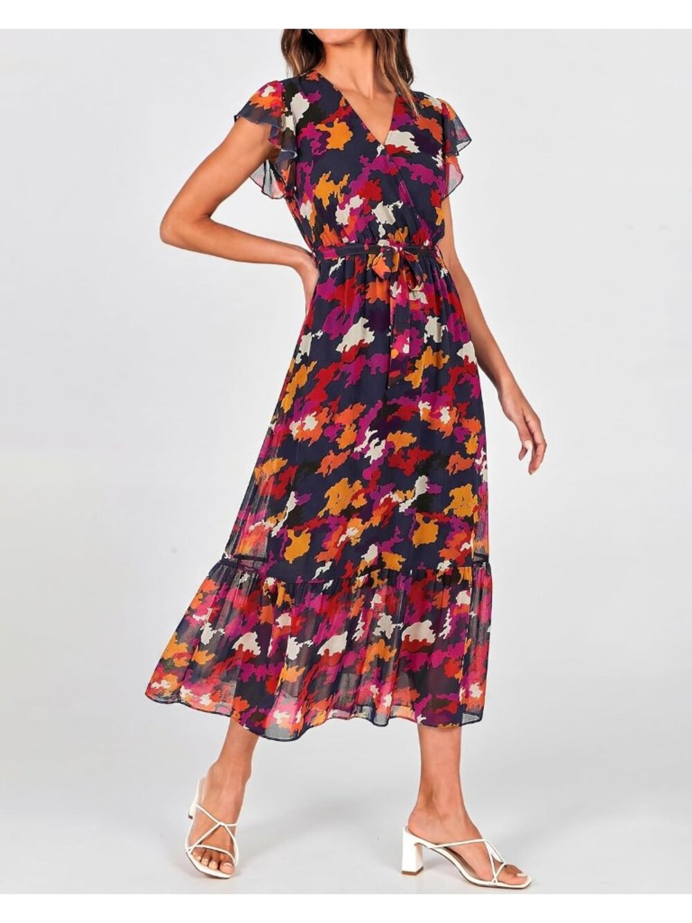 Women's Blue Orange Flower Classic V Neck Casual Sleeveless Pull On Midi Dress - Picture 3 of 5